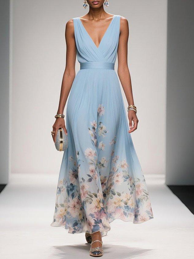 Rosa | Vestido Maxí em Chiffon Floral Azul Claro com Decote em V