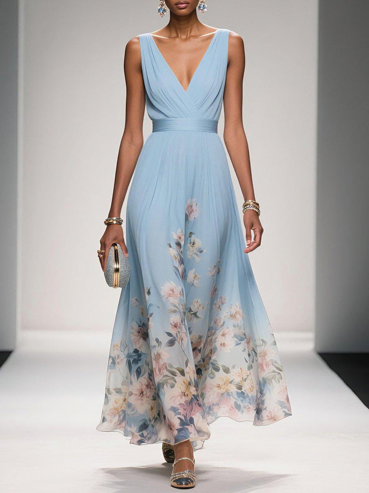 Rosa | Vestido Maxie de Chiffon Floral em Azul Claro com Decote em V
