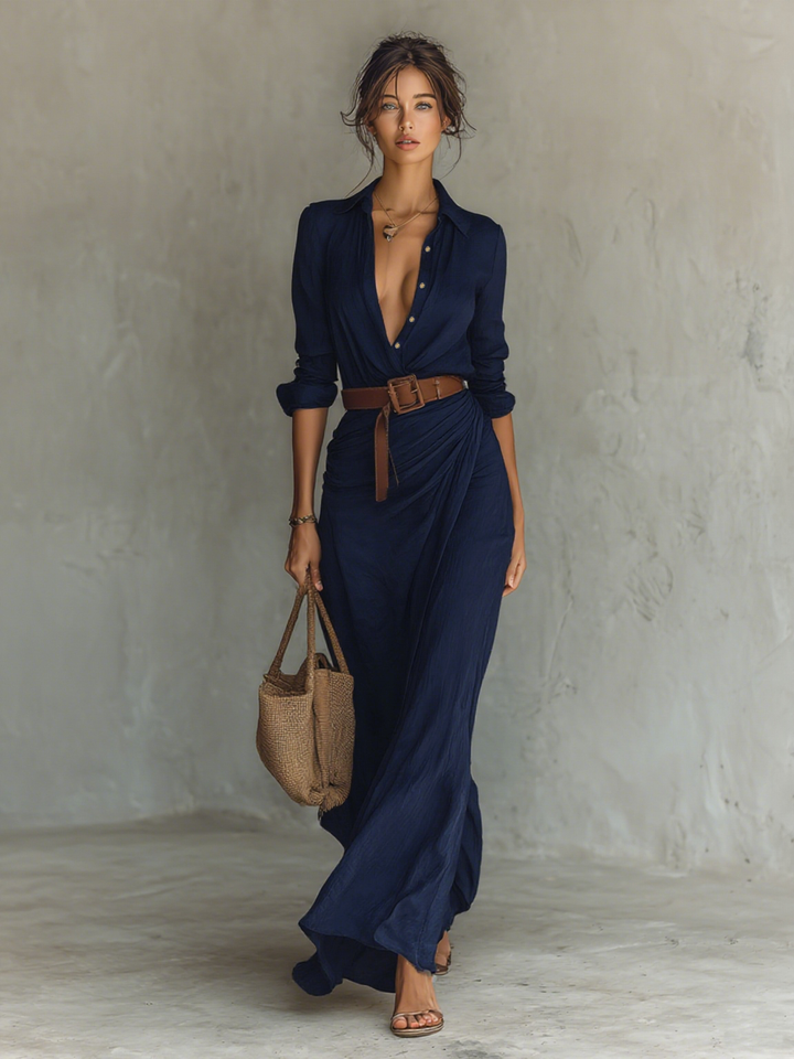 Vestido Maxi com Gola Reversa de Manga Longa