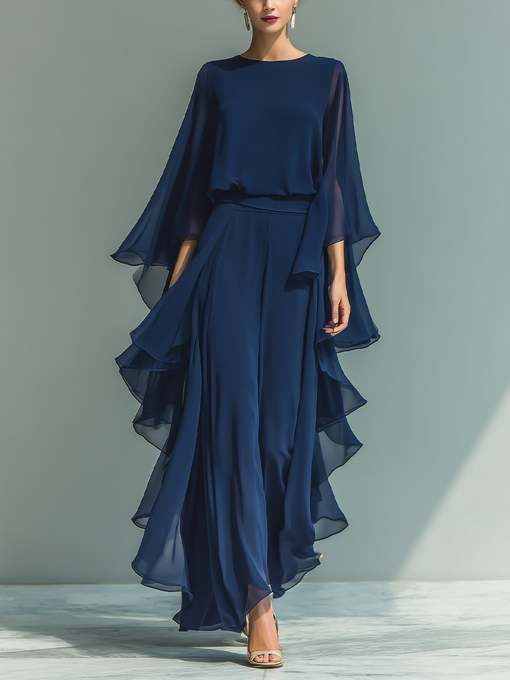 Conjunto de Chiffon Azul Marinho com Rendas