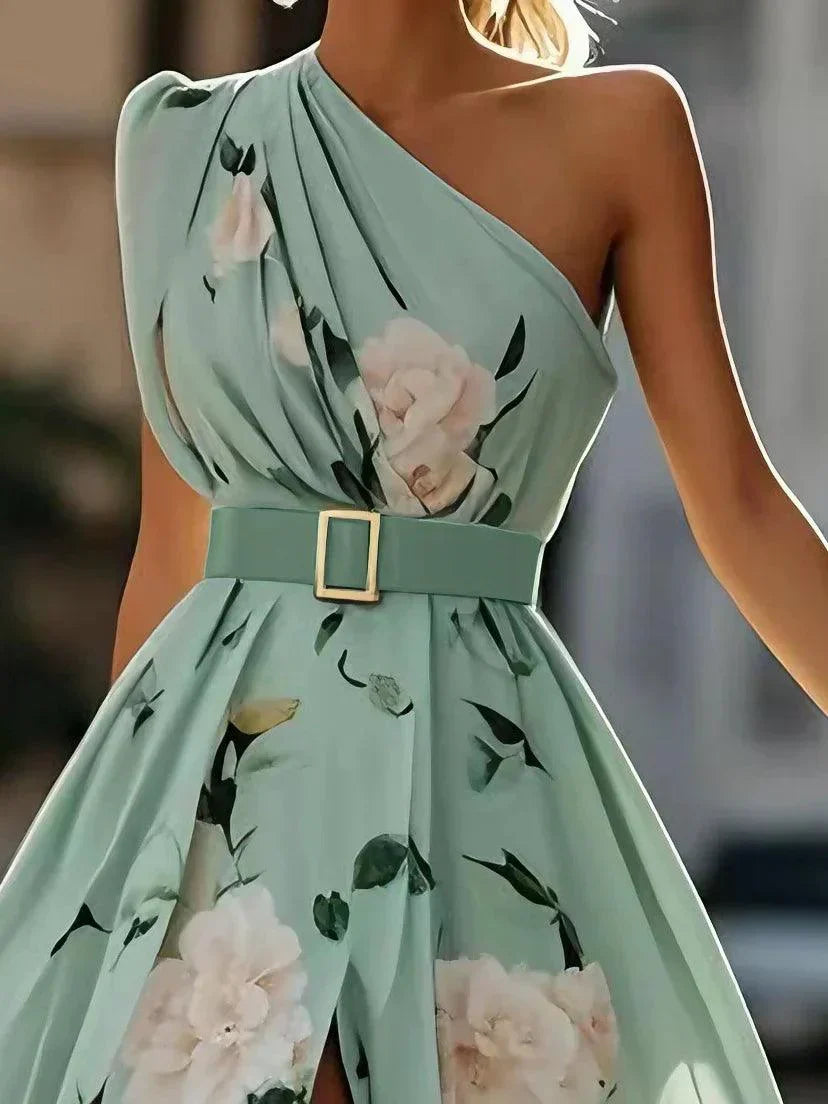 Julie | Vestido Maxi de Chiffon Floral Verde Claro de Uma Só Manga
