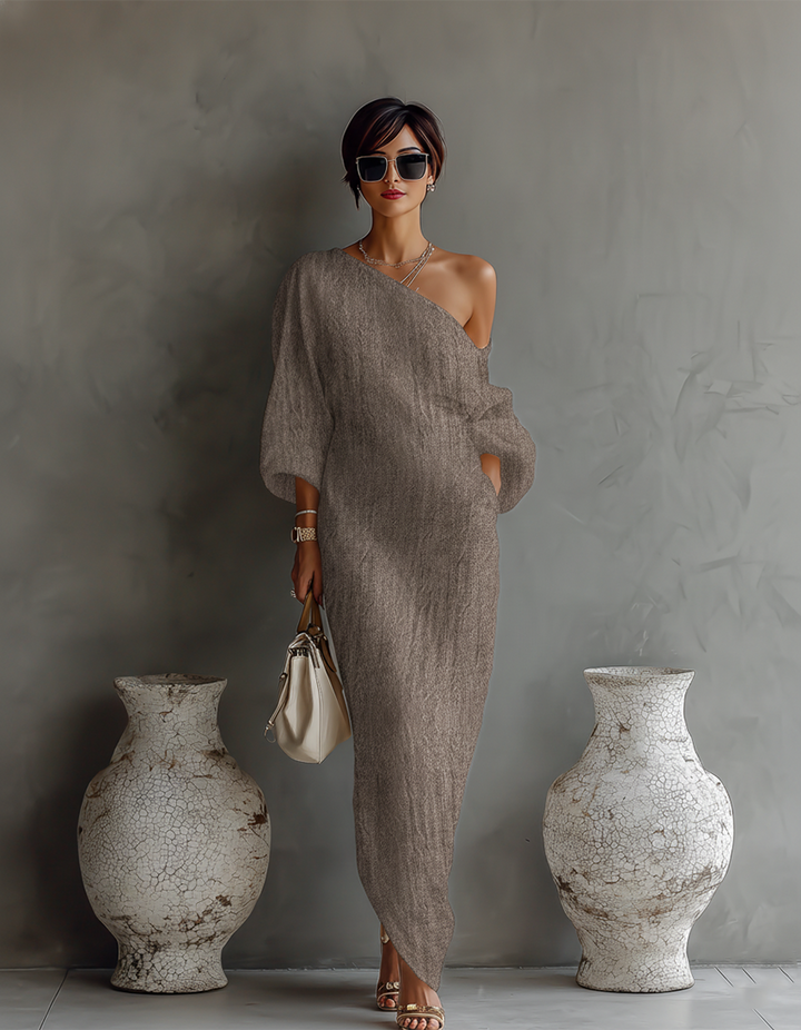 Vestido de Linho Off-White Sem Alças