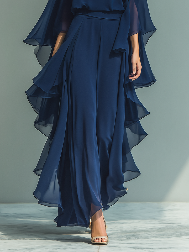 Conjunto de Chiffon Azul Marinho com Rendas