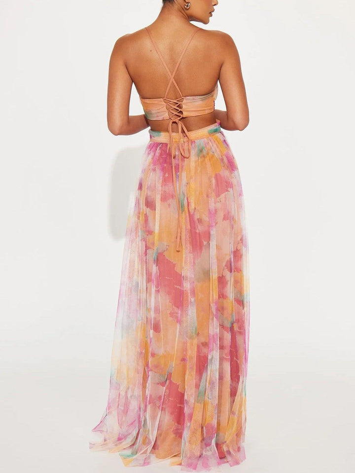 Karen | Vestido Maxi com Decote em V e Padrão de Flores Pintadas