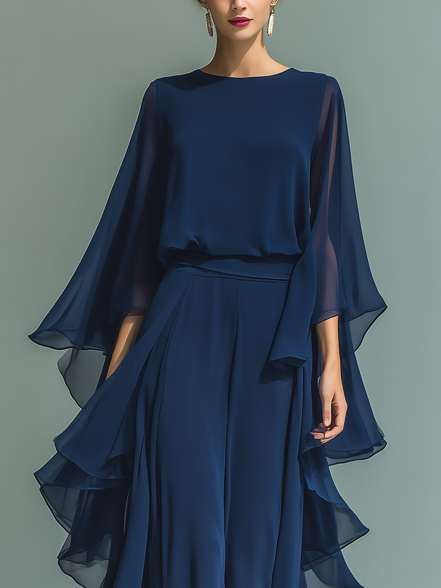 Conjunto de Chiffon Azul Marinho com Rendas