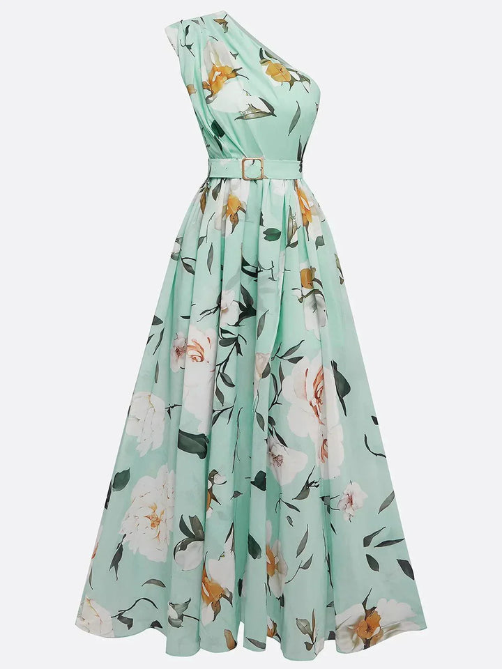 Julie | Vestido Max Midi Chiffon Floral Verde Claro de Um Ombro