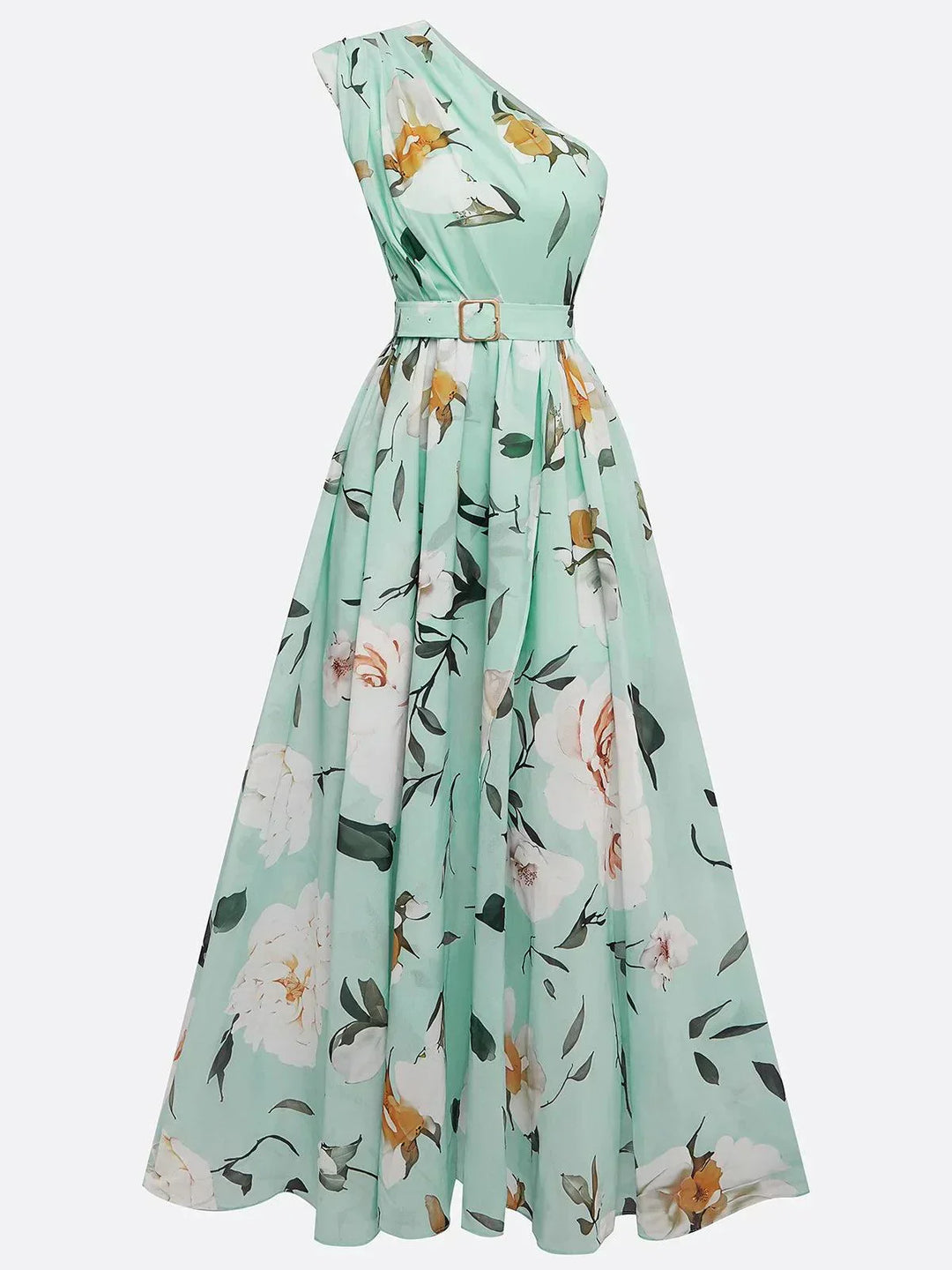 Julie | Vestido Maxi de Chiffon Floral Verde Claro de Uma Só Manga