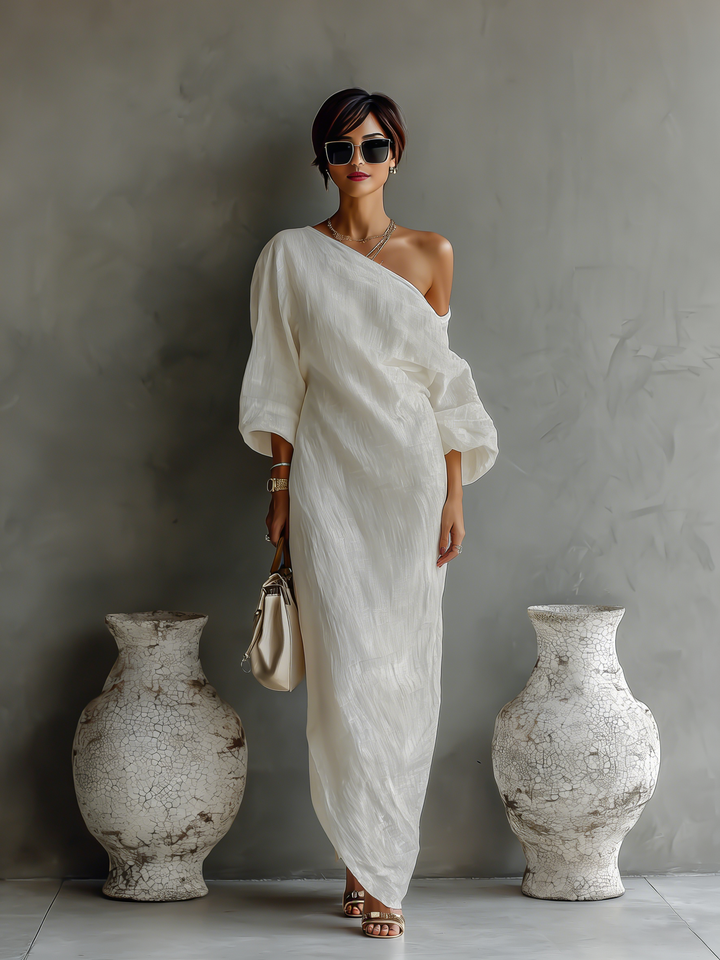 Vestido de Linho Off-White Sem Alças