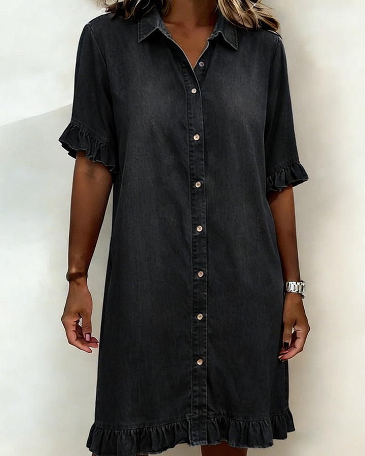Vestido de Denim Confortável com Pregas Lisonjeiras