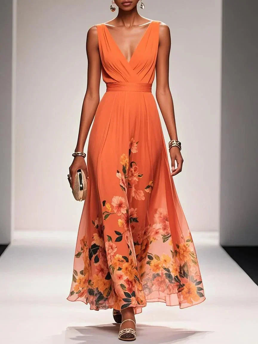 Rosa | Vestido Maxí em Chiffon Floral Azul Claro com Decote em V