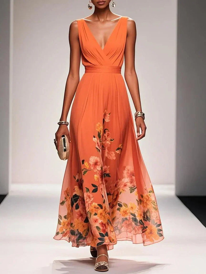 Rosa | Vestido Maxí em Chiffon Floral Azul Claro com Decote em V