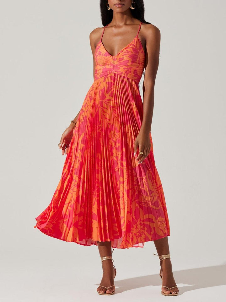 Heather | Chic Costeiro Elegante Vestido Midi Floral com Pregas