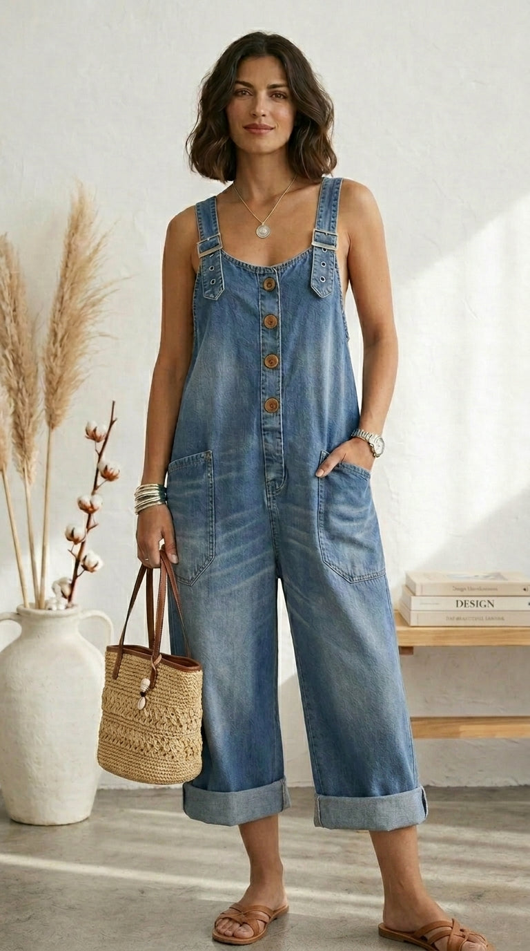 Maria Douro - Macacão de Denim com Tirantes Ajustáveis