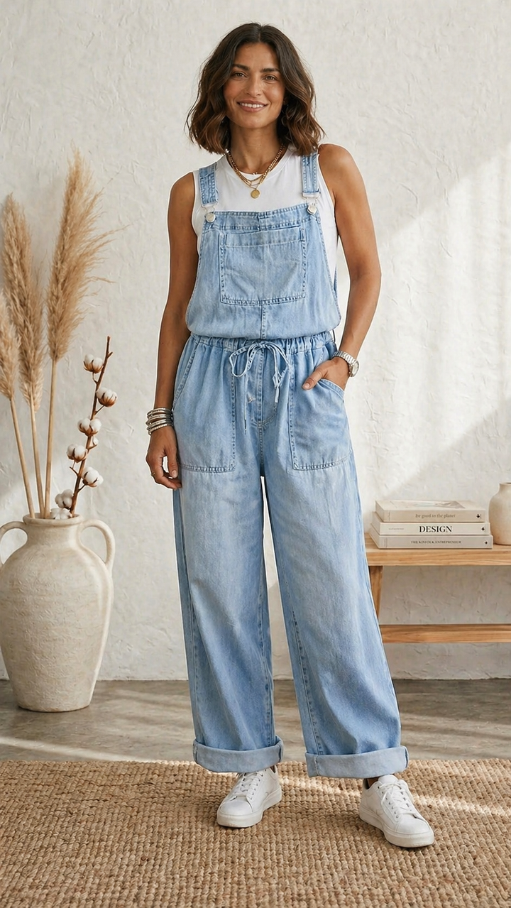 Maria Douro - Macacão de Denim com Tirantes Ajustáveis