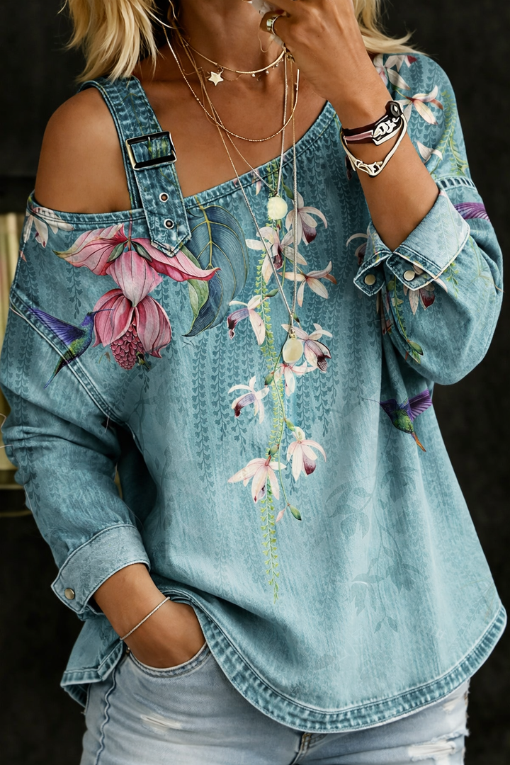Carla - Top de Denim com Ombros à Mostra