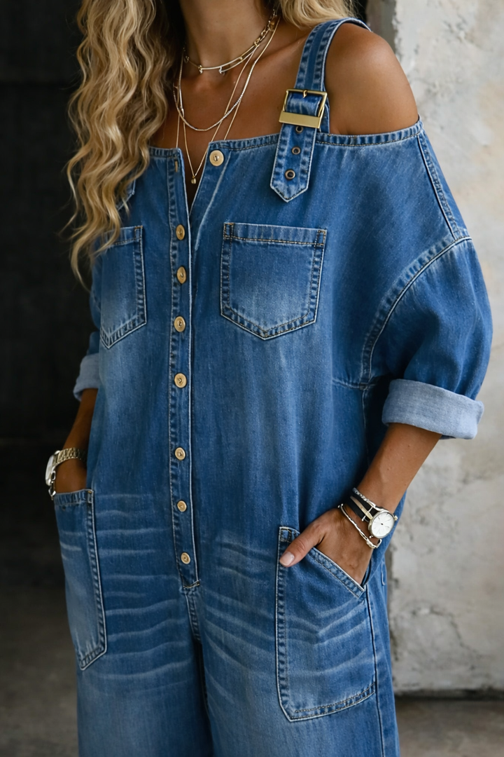 Elsa - Macacão de Denim Off Shoulder