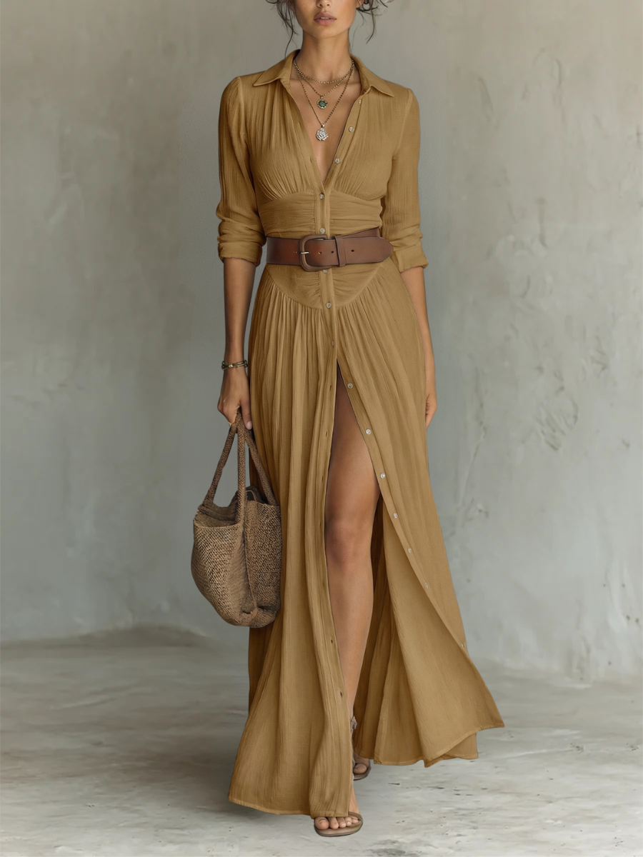 Vestido Maxi de Linho com Gola Reversa e Mangas Longas