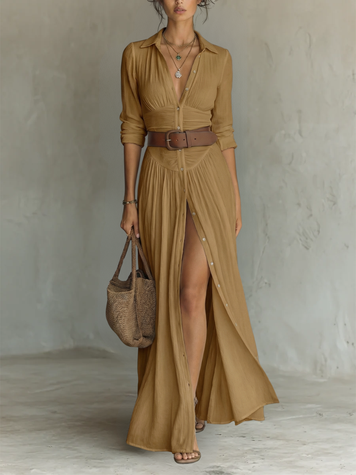 Vestido Maxie de Linho com Gola Reversa e Manga Longa