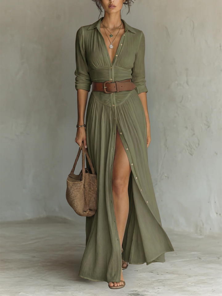 Vestido Maxie de Linho com Gola Reversa e Manga Longa