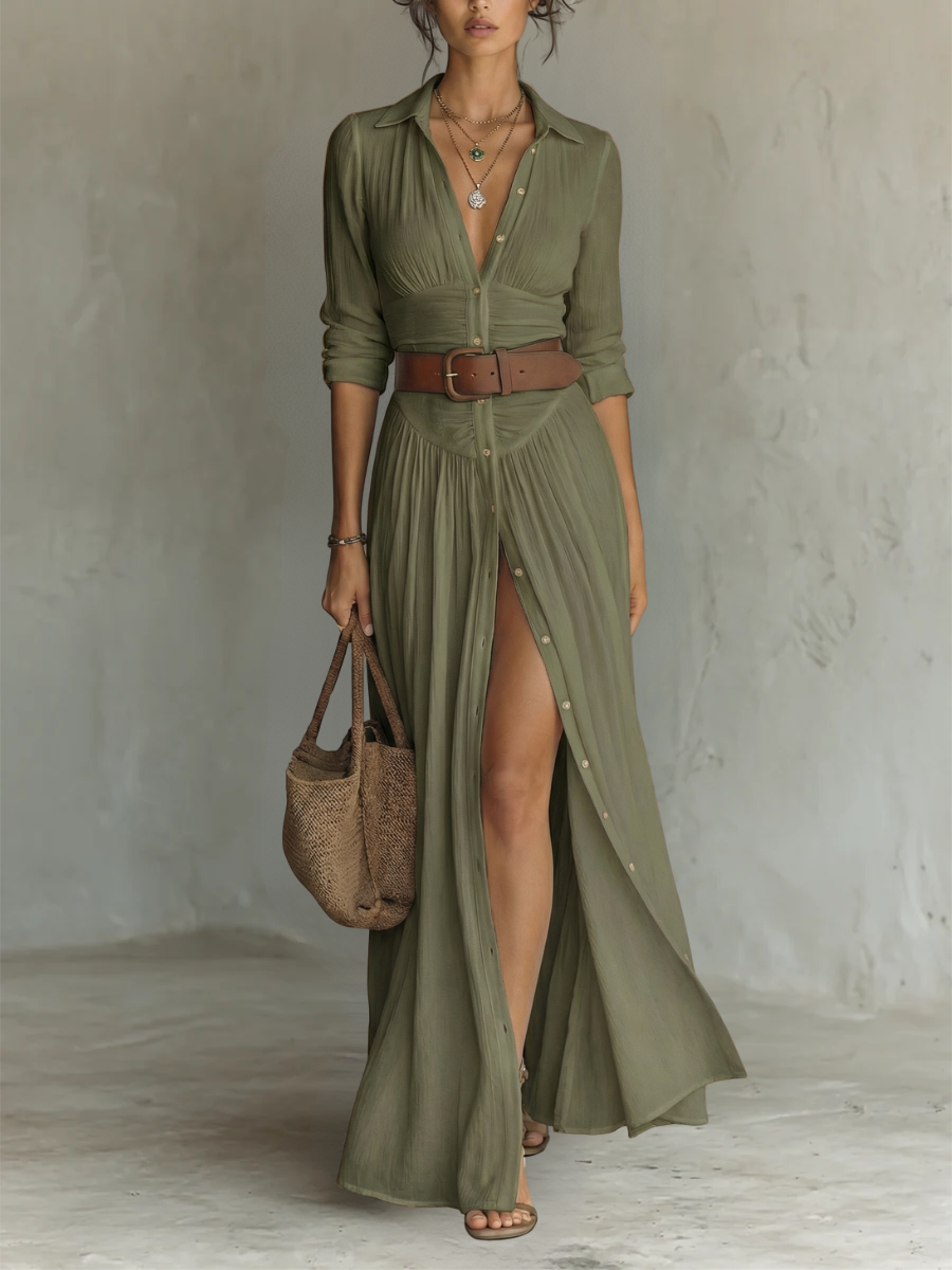 Vestido Maxi de Linho com Gola Reversa e Mangas Longas