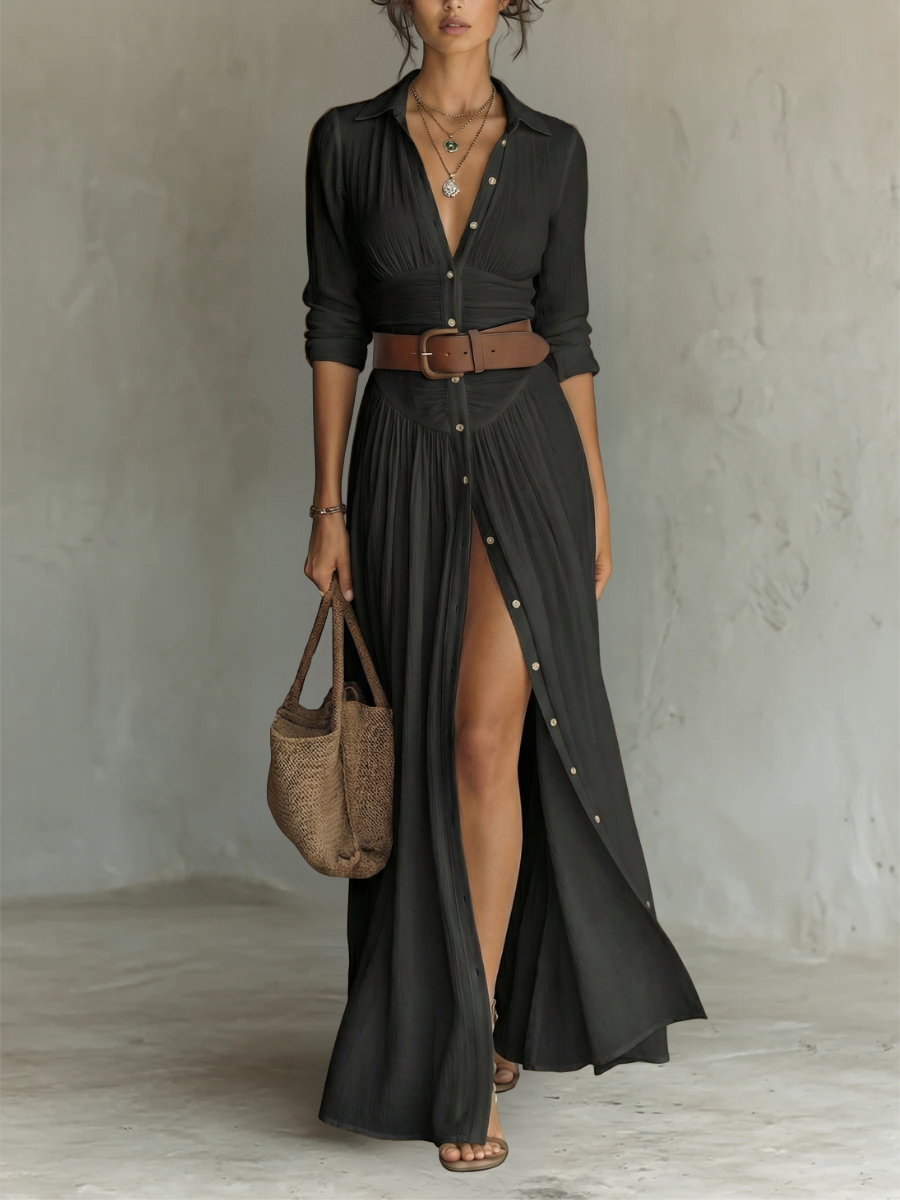 Vestido Maxie de Linho com Gola Reversa e Manga Longa