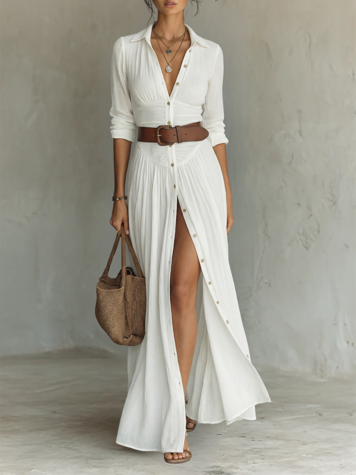 Vestido Maxi de Linho com Gola Reversa e Mangas Longas