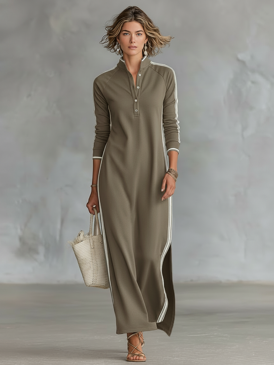 Vestido Maxi de Sweat com Gola de Botões