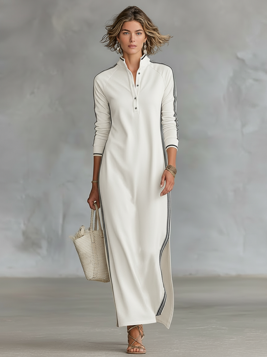 Vestido Maxi de Sweat com Gola de Botões