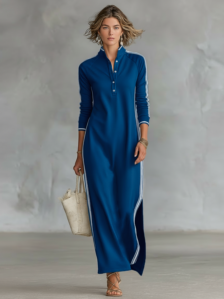 Vestido Maxi de Sweat com Gola de Botões