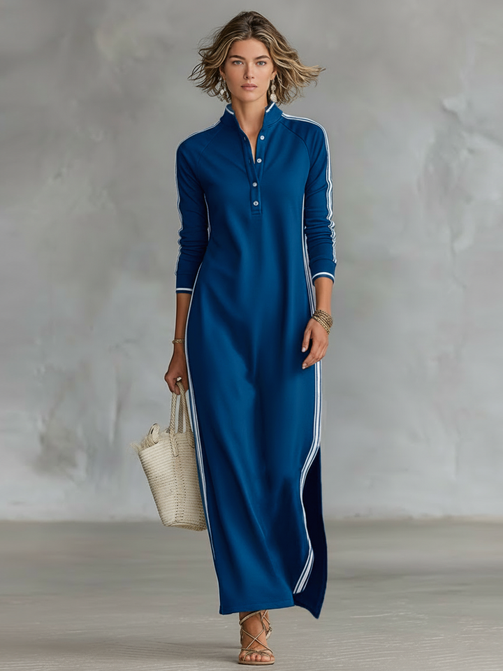 Vestido Maxi de Sweat com Gola de Botões