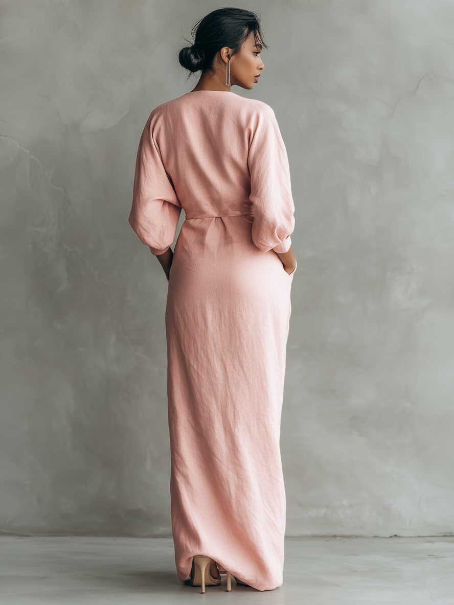 Vestido Maxi de Linho Rosa com Decote em V