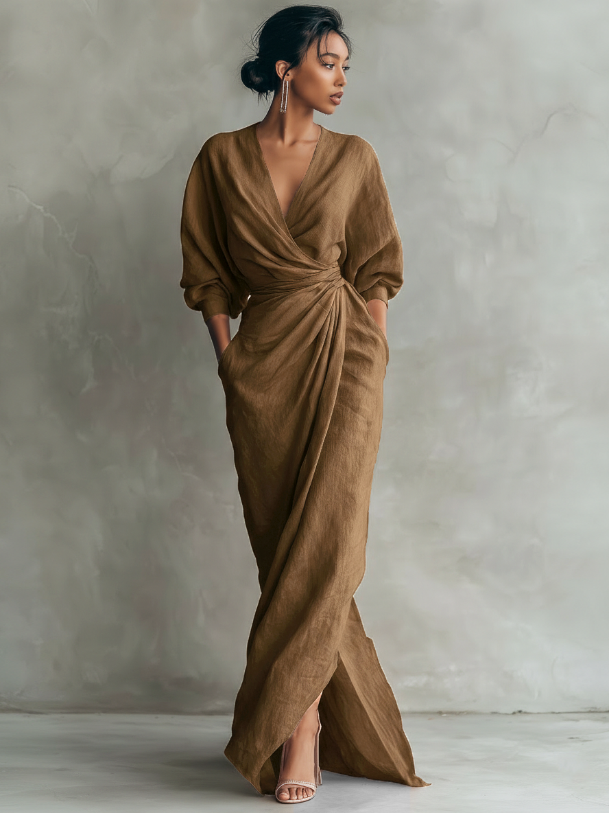 Taylor - Vestido Maxi Minimalista em Rosa com Decote em V em Mistura de Linho para Mulheres
