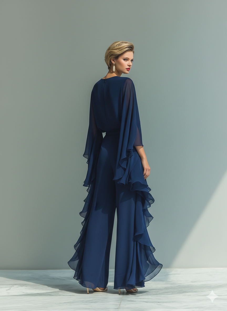 Conjunto de Chiffon Azul Marinho com Rendas