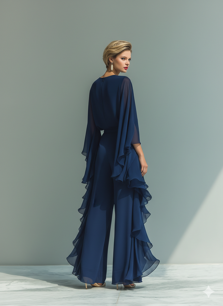 Conjunto de Chiffon Azul Marinho com Rendas