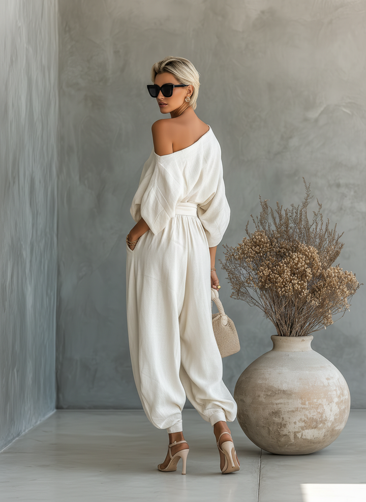 Conjunto de Linho com Top Off-Shoulder