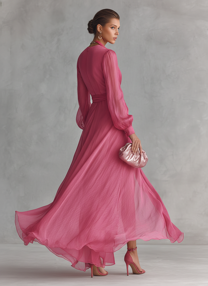 Vestido de Chiffon Rosa com Decote em V
