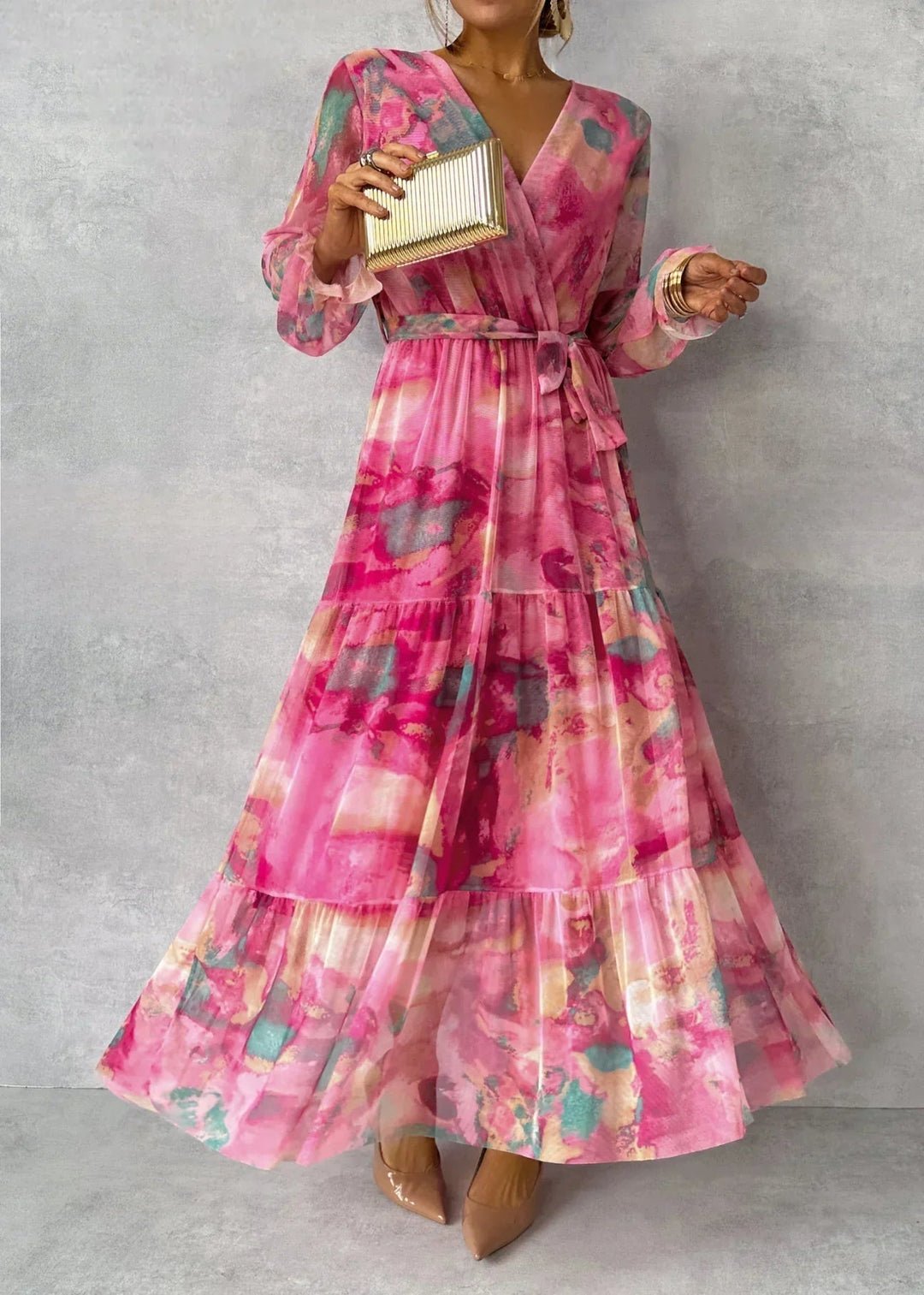 Vestido Cruzado com Padrão de Flores