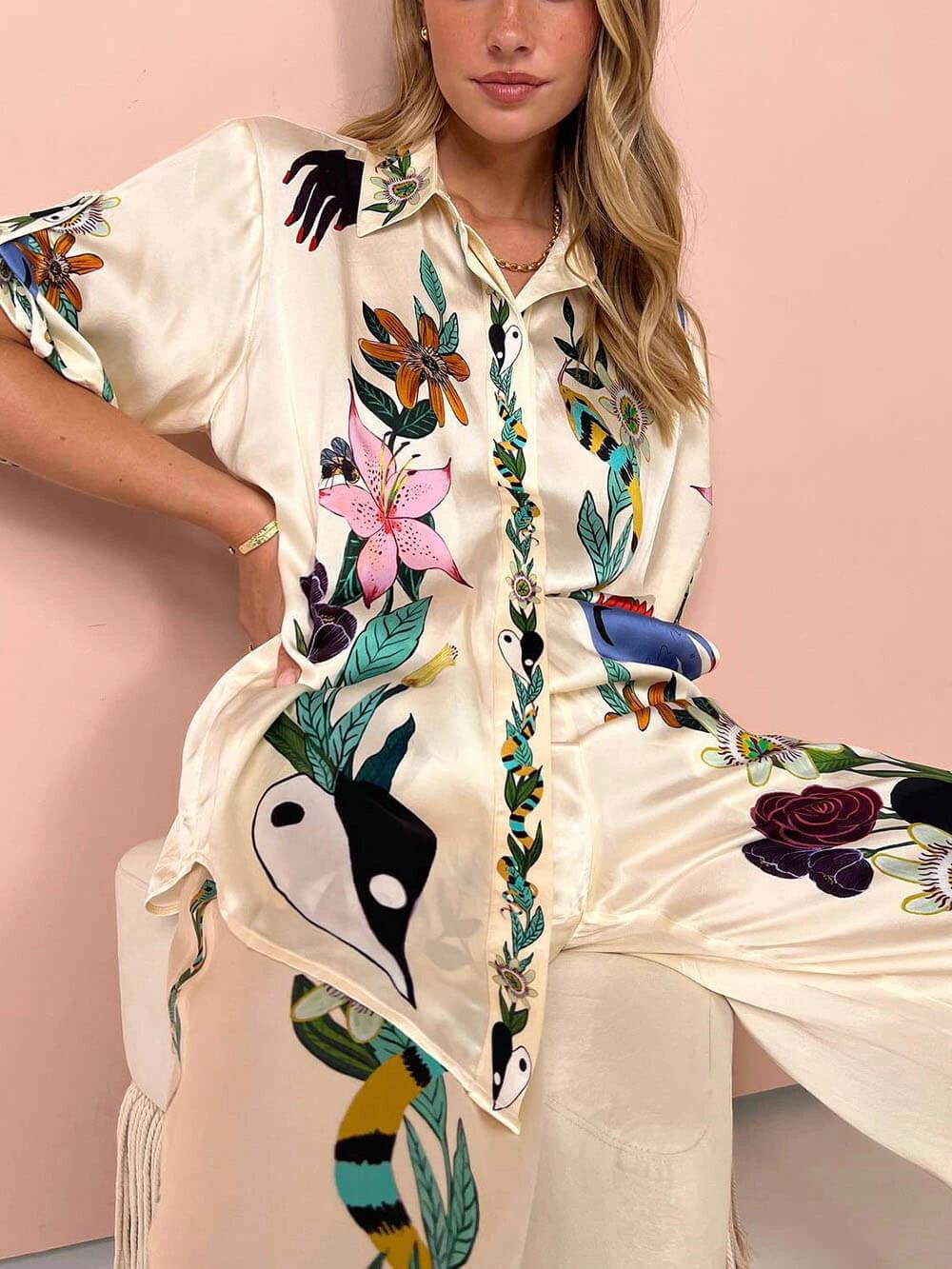 Nika | Conjunto de Camiseta e Calças Satin com Estampado Único Vibes de Resort