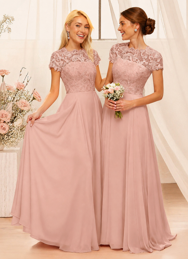 Vestido de Dama de Honra em Chiffon A-Line Elegante - Comprimento até ao Chão, Sem Mangas com Decote Redondo e Detalhes em Renda