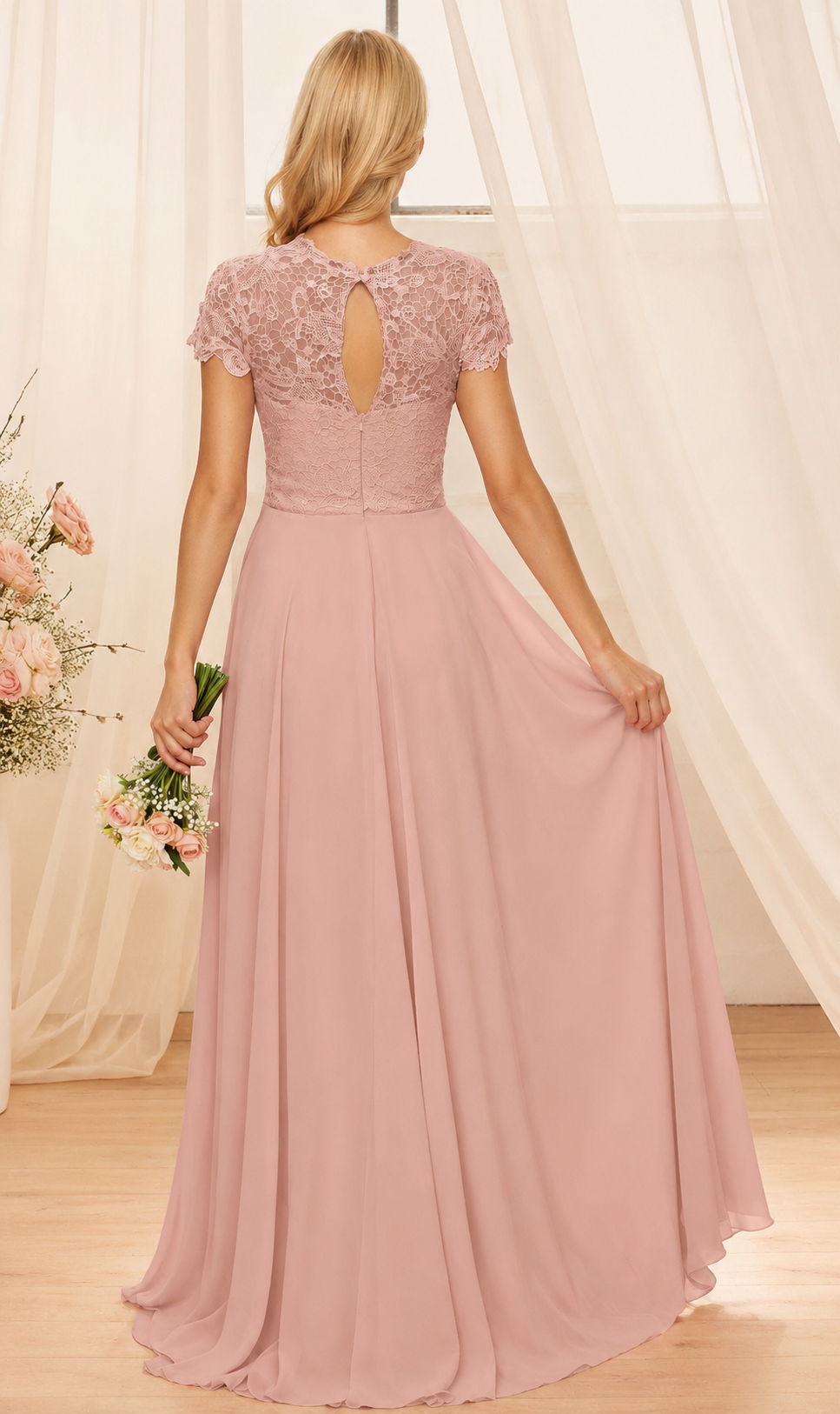Vestido de Dama de Honra em Chiffon A-Line Elegante - Comprimento até ao Chão, Sem Mangas com Decote Redondo e Detalhes em Renda