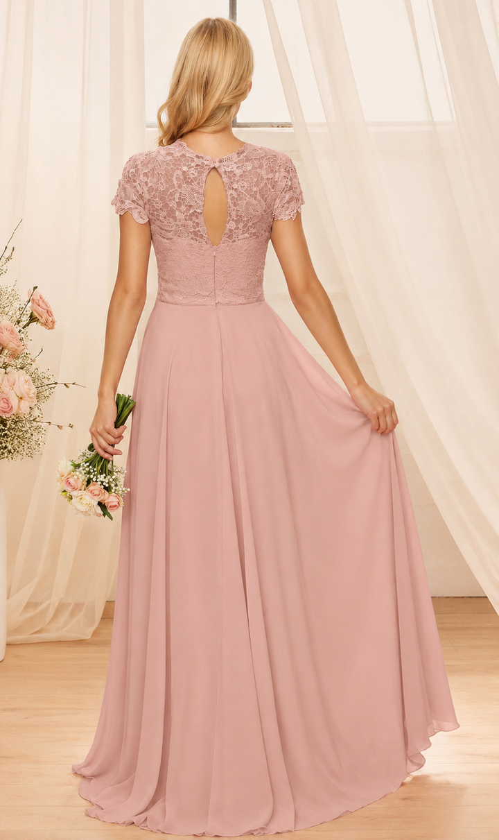Vestido de Dama de Honra em Chiffon A-Line Elegante - Comprimento até ao Chão, Sem Mangas com Decote Redondo e Detalhes em Renda