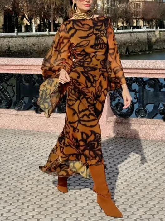 Ashley | Strand Glamour Vestido longo estampado castanho