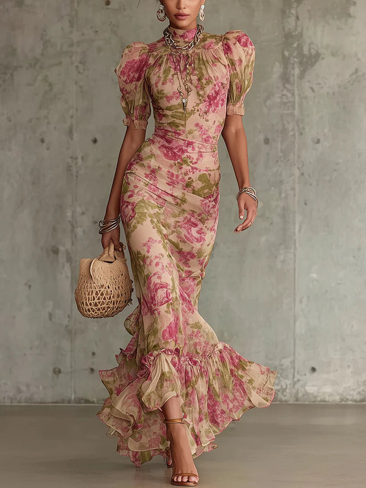 Mae | Vestido Maxi com Manga Puff em Padrão de Rosas Vintage