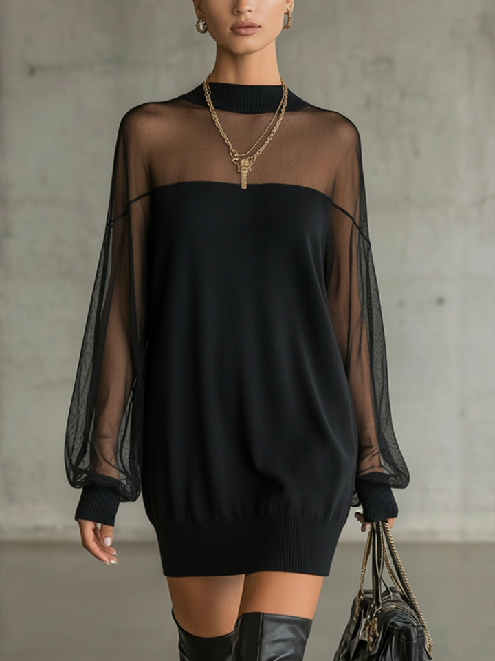 Daisy | Vestido Midi de Gola Alta com Mangas em Malha Preta