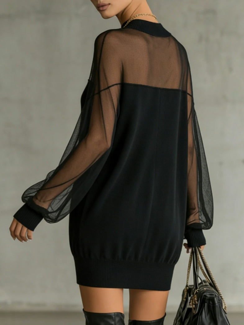 Daisy | Vestido Midi de Gola Alta com Mangas em Malha Preta