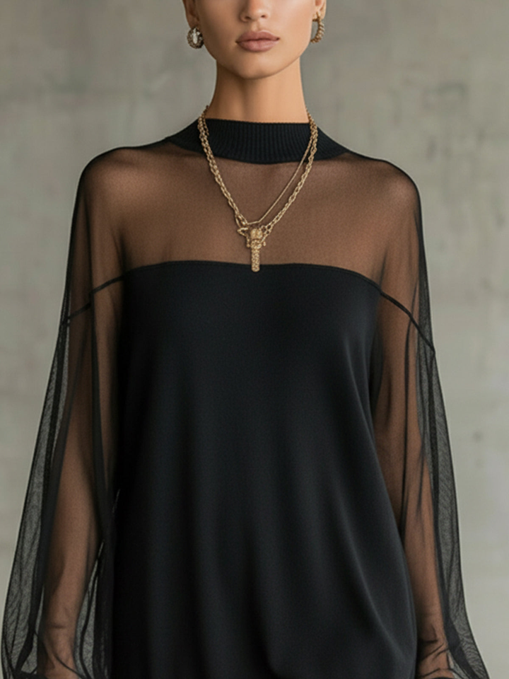 Daisy | Vestido Midi de Gola Alta com Mangas em Malha Preta
