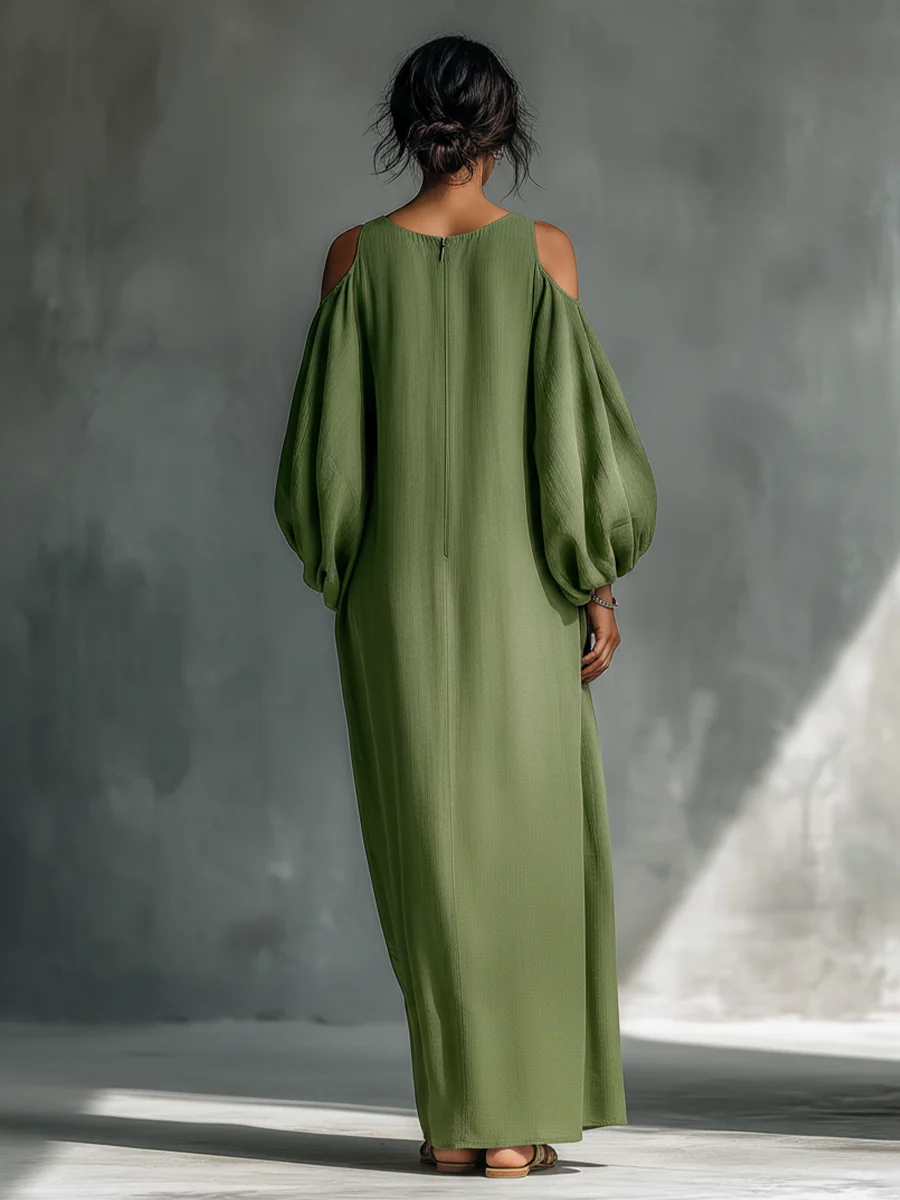 Anika | Vestido Maxi de Ombro Caído com Mangas Puff Verde