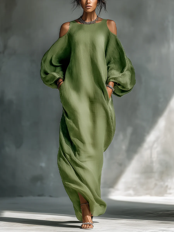 Anika | Vestido Maxi de Ombro Caído com Mangas Puff Verde