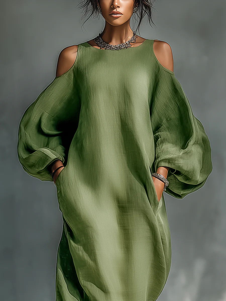 Anika | Vestido Maxi de Ombro Caído com Mangas Puff Verde
