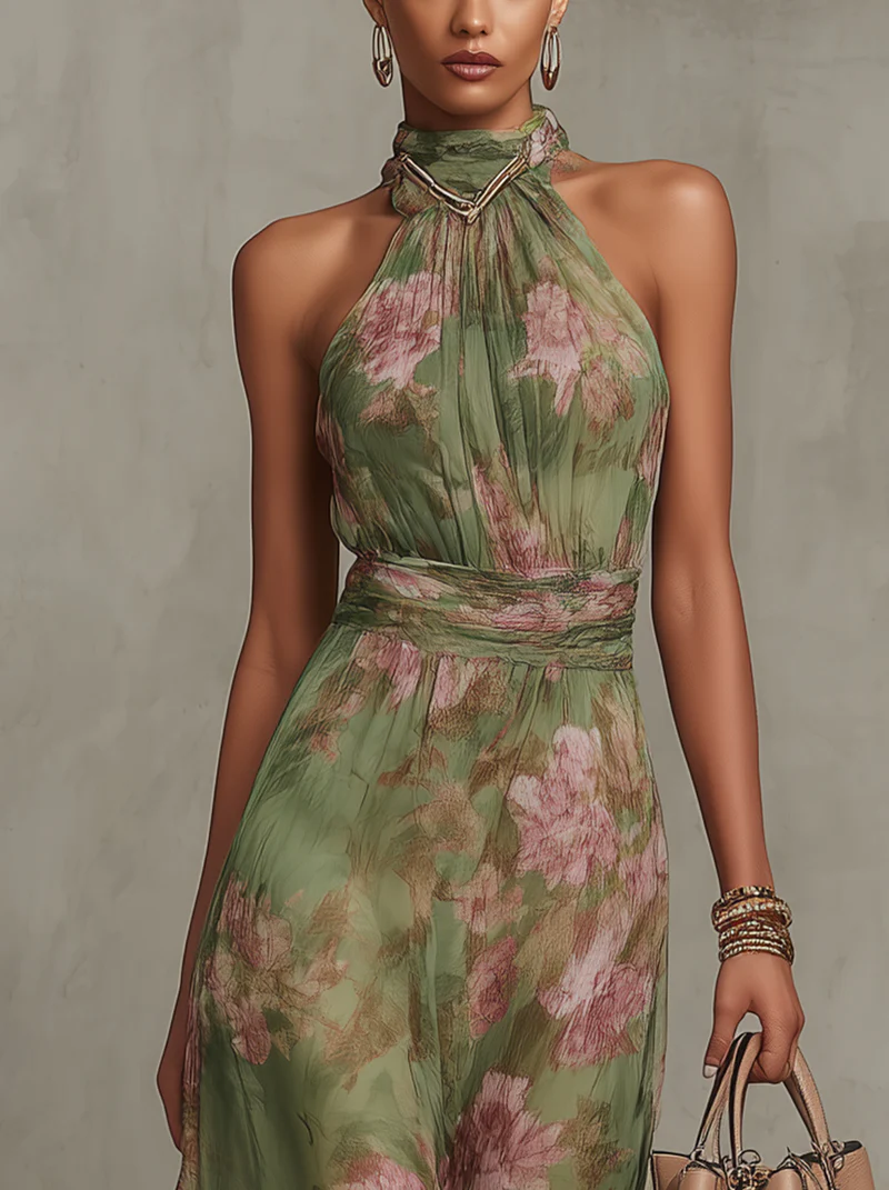 Florença | Vestido Maxi Halter em Chiffon Floral Verde